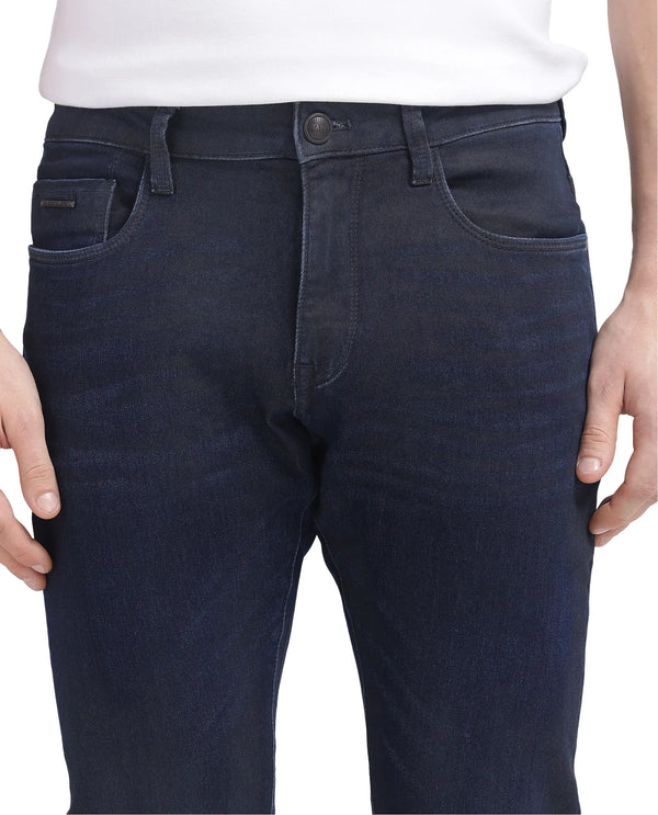 Rare Rabbit Men Burd Blue Cotton Polyester Fabric Slim Fit Dark Wash Plain Denim Pant