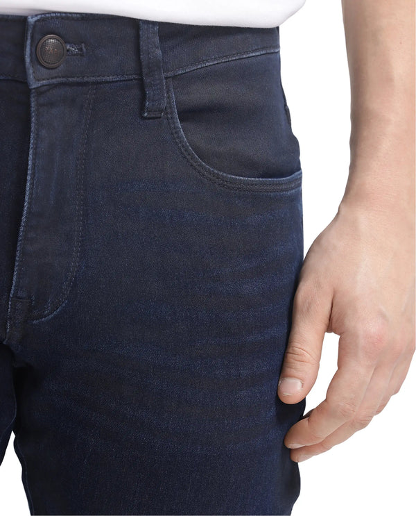 Rare Rabbit Men Burd Blue Cotton Polyester Fabric Slim Fit Dark Wash Plain Denim Pant