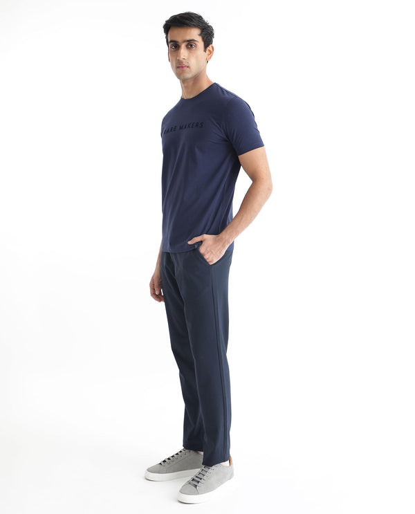 Rare Rabbit Men's Burke Dark Blue Crew Neck Half Sleeves Velvet Branding Regular Fit T-Shirt