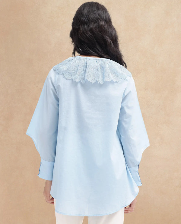 Rareism Women Burrido Light Blue Cotton Fabric Collared Neck Solid Regular Fit Shirt