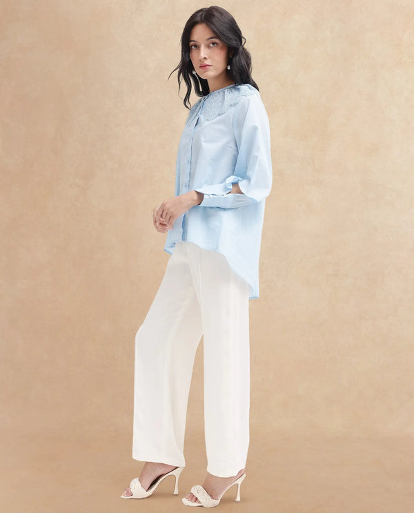 Rareism Women Burrido Light Blue Cotton Fabric Collared Neck Solid Regular Fit Shirt