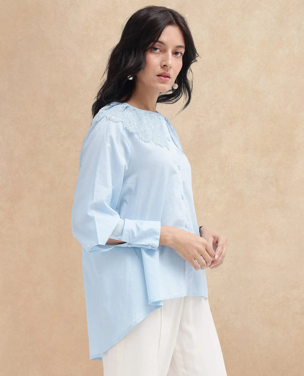 Rareism Women Burrido-SC Light Blue Cotton Fabric Collared Neck Solid Regular Fit Shirt