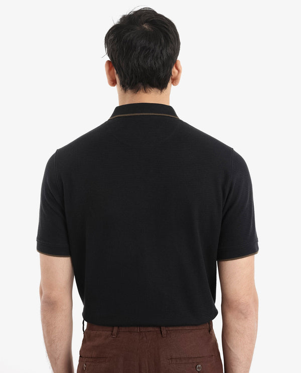 Rare Rabbit Men's Burrow Black Cotton Fabric Short Sleeve Contrasting Collar and Placket Detailing Zip Closure Regular Fit Textured Polo T-Shirt
