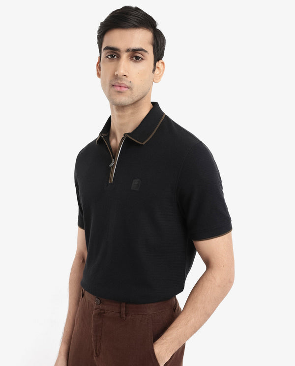 Rare Rabbit Men's Burrow Black Cotton Fabric Short Sleeve Contrasting Collar and Placket Detailing Zip Closure Regular Fit Textured Polo T-Shirt