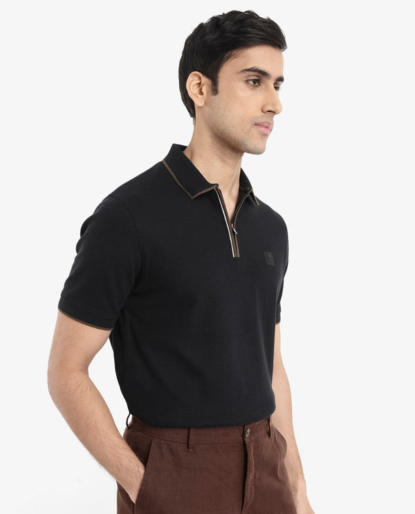 Rare Rabbit Men's Burrow Black Cotton Fabric Short Sleeve Contrasting Collar and Placket Detailing Zip Closure Regular Fit Textured Polo T-Shirt