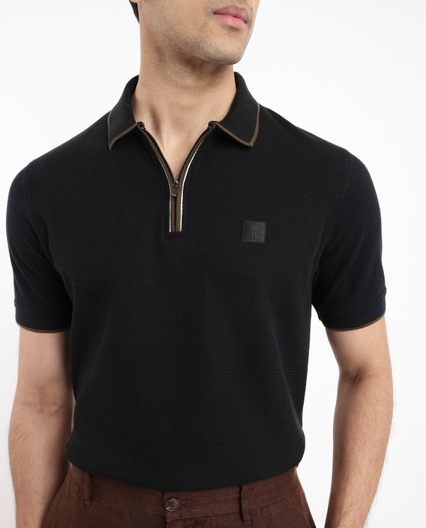 Rare Rabbit Men's Burrow Black Cotton Fabric Short Sleeve Contrasting Collar and Placket Detailing Zip Closure Regular Fit Textured Polo T-Shirt