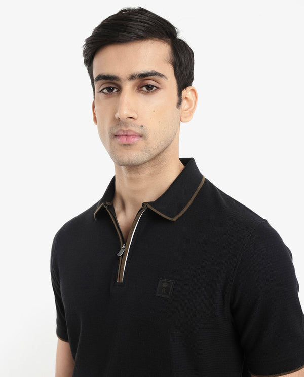 Rare Rabbit Men's Burrow Black Cotton Fabric Short Sleeve Contrasting Collar and Placket Detailing Zip Closure Regular Fit Textured Polo T-Shirt