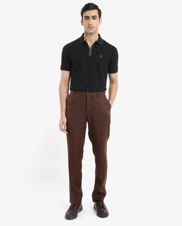 Rare Rabbit Men's Burrow Black Cotton Fabric Short Sleeve Contrasting Collar and Placket Detailing Zip Closure Regular Fit Textured Polo T-Shirt
