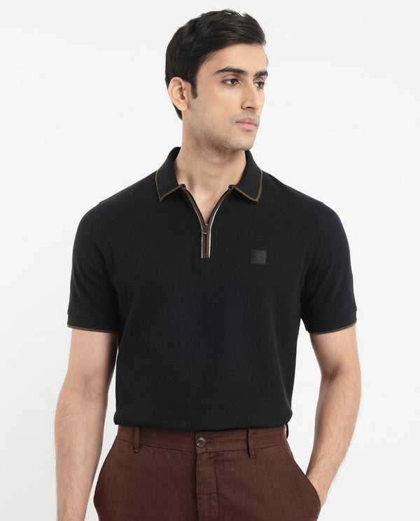Rare Rabbit Men's Burrow Black Cotton Fabric Short Sleeve Contrasting Collar and Placket Detailing Zip Closure Regular Fit Textured Polo T-Shirt