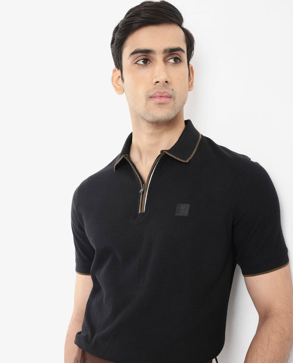 Rare Rabbit Men's Burrow Black Cotton Fabric Short Sleeve Contrasting Collar and Placket Detailing Zip Closure Regular Fit Textured Polo T-Shirt