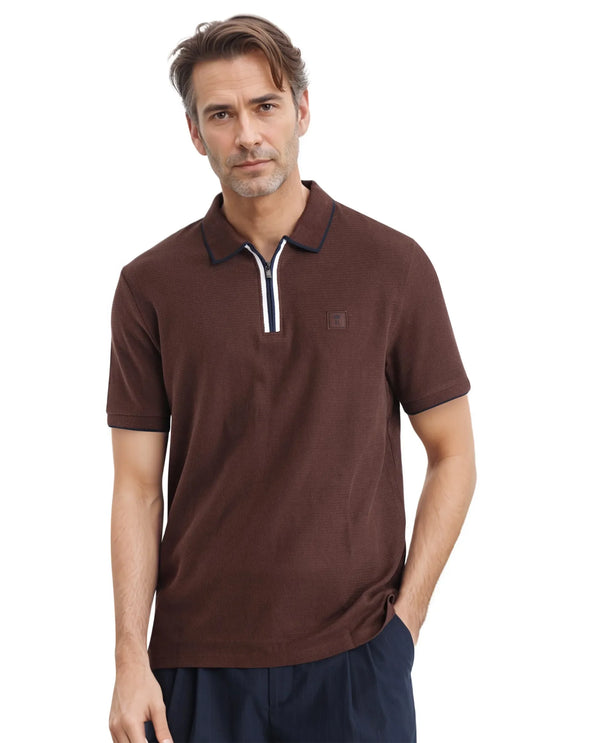 Rare Rabbit Men's Burrow Brown Short Sleeve Collared Neck Slim Fit Plain Polo