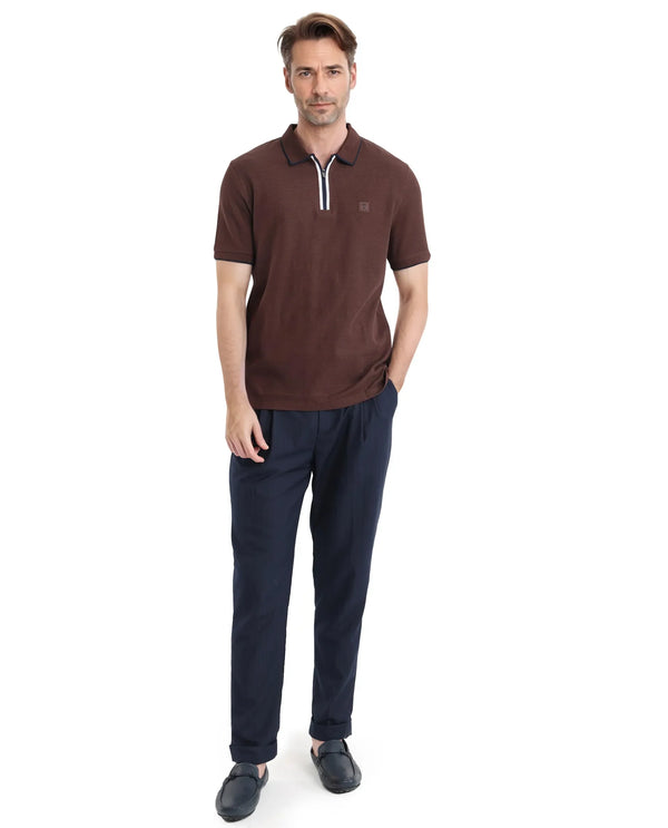 Rare Rabbit Men's Burrow Brown Short Sleeve Collared Neck Slim Fit Plain Polo