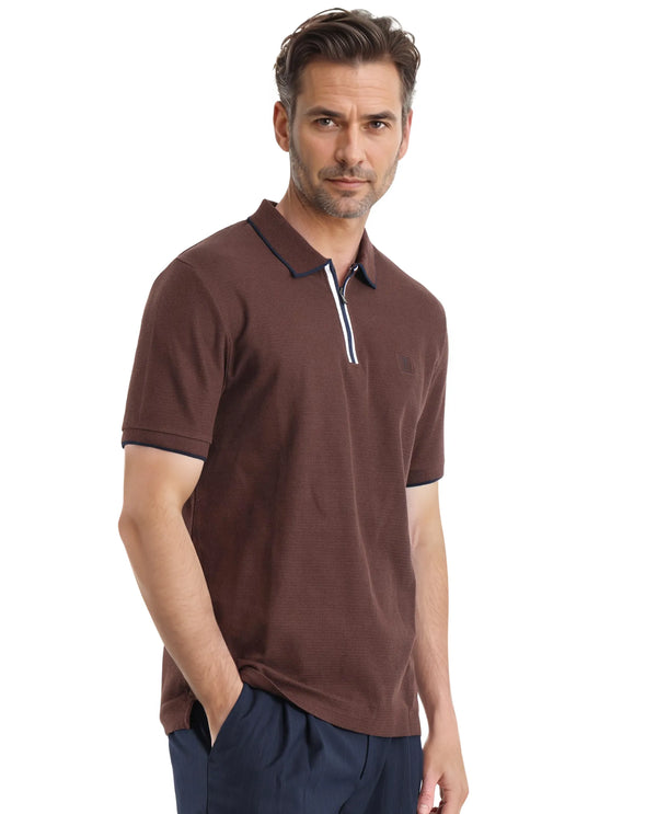 Rare Rabbit Men's Burrow Brown Short Sleeve Collared Neck Slim Fit Plain Polo
