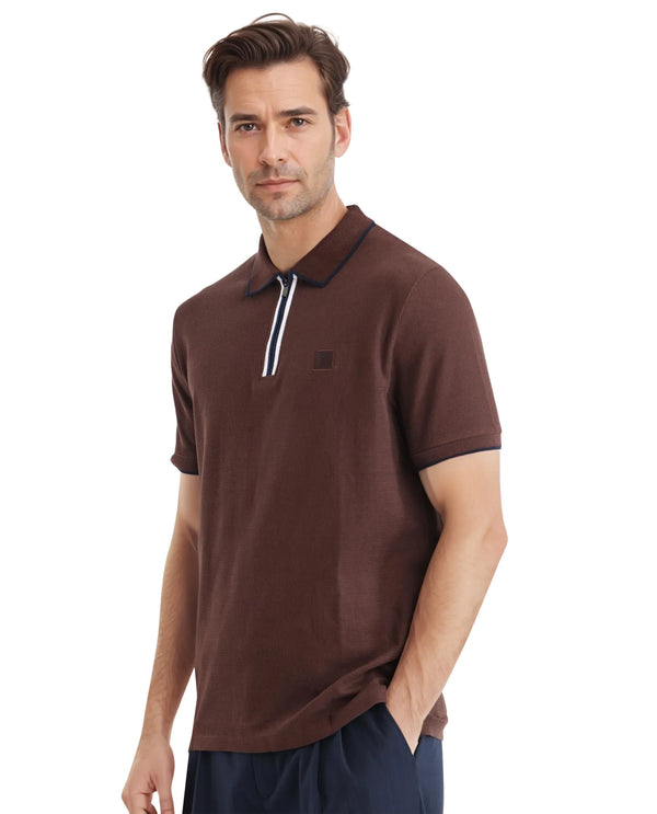 Rare Rabbit Men's Burrow Brown Short Sleeve Collared Neck Slim Fit Plain Polo