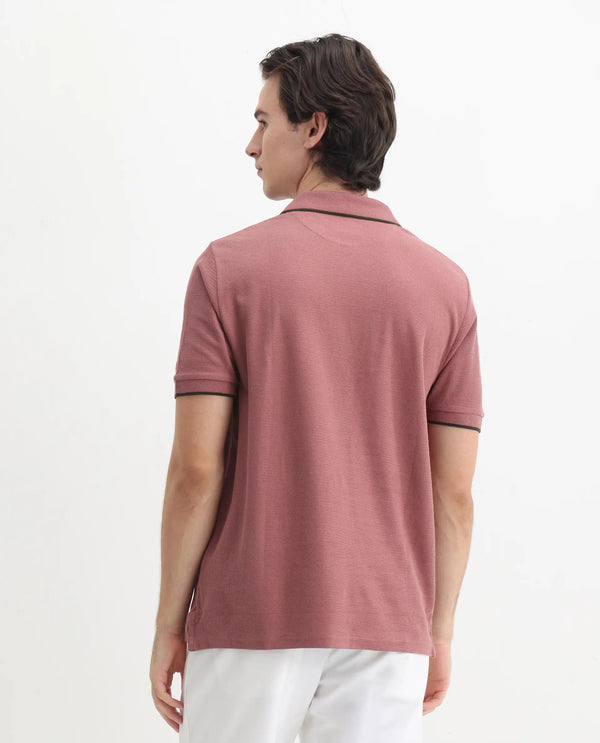 Rare Rabbit Men's Burrow Dusky Pink Cotton Fabric Short Sleeve Contrasting Collar and Placket Detailing Zip Closure Regular Fit Textured Polo T-Shirt