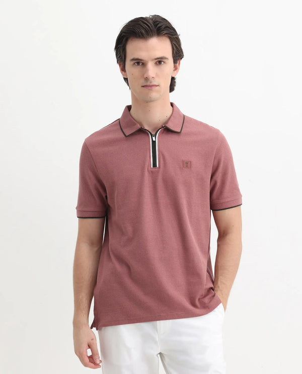 Rare Rabbit Men's Burrow Dusky Pink Cotton Fabric Short Sleeve Contrasting Collar and Placket Detailing Zip Closure Regular Fit Textured Polo T-Shirt