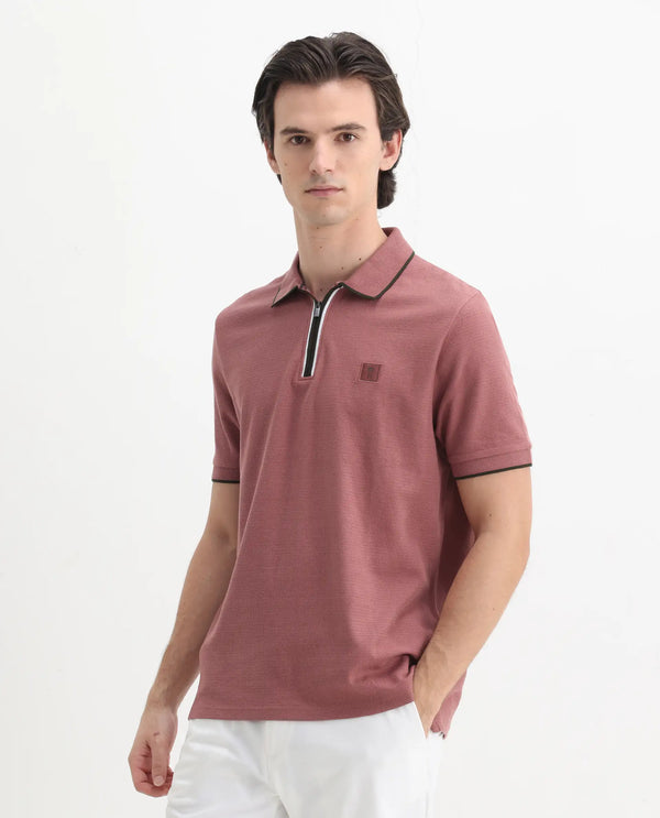 Rare Rabbit Men's Burrow Dusky Pink Cotton Fabric Short Sleeve Contrasting Collar and Placket Detailing Zip Closure Regular Fit Textured Polo T-Shirt