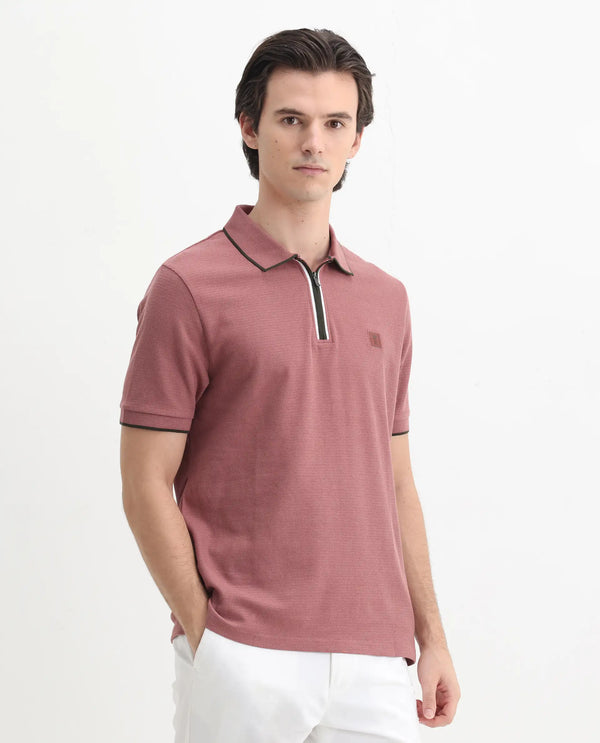 Rare Rabbit Men's Burrow Dusky Pink Cotton Fabric Short Sleeve Contrasting Collar and Placket Detailing Zip Closure Regular Fit Textured Polo T-Shirt