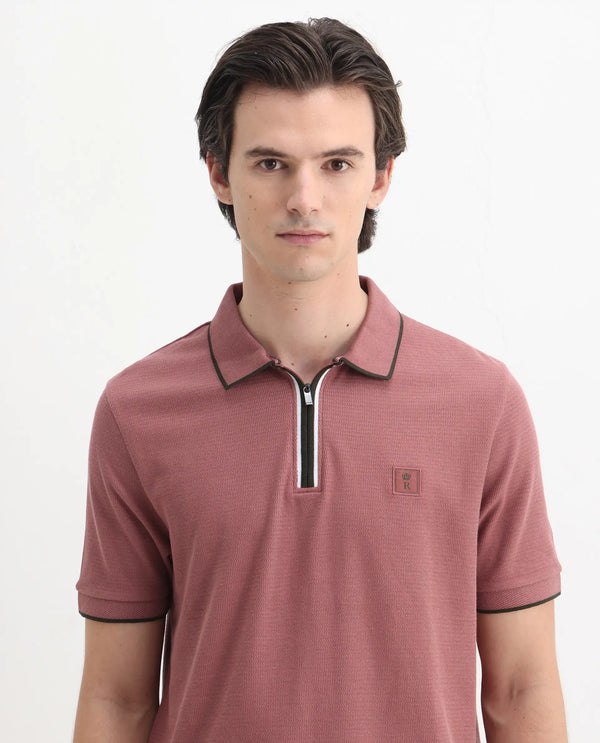 Rare Rabbit Men's Burrow Dusky Pink Cotton Fabric Short Sleeve Contrasting Collar and Placket Detailing Zip Closure Regular Fit Textured Polo T-Shirt