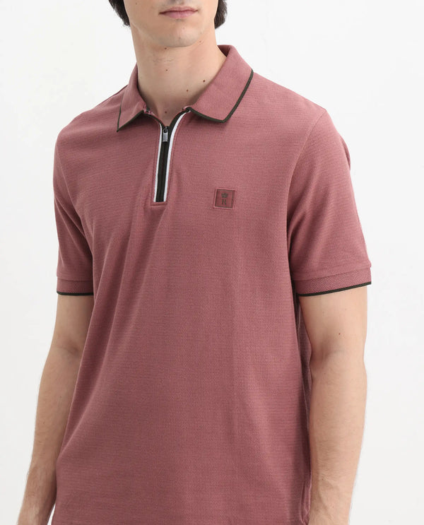 Rare Rabbit Men's Burrow Dusky Pink Cotton Fabric Short Sleeve Contrasting Collar and Placket Detailing Zip Closure Regular Fit Textured Polo T-Shirt