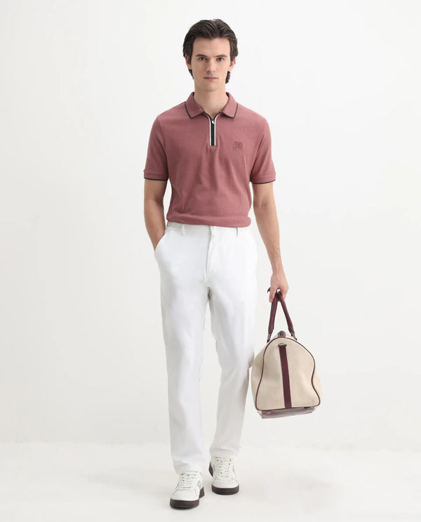Rare Rabbit Men's Burrow Dusky Pink Cotton Fabric Short Sleeve Contrasting Collar and Placket Detailing Zip Closure Regular Fit Textured Polo T-Shirt
