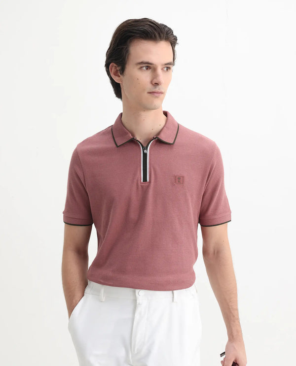 Rare Rabbit Men's Burrow Dusky Pink Cotton Fabric Short Sleeve Contrasting Collar and Placket Detailing Zip Closure Regular Fit Textured Polo T-Shirt