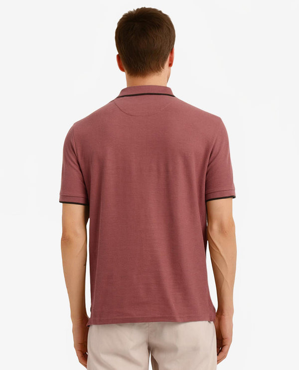 Rare Rabbit Men's Burrow Dusky Pink Cotton Fabric Short Sleeve Contrasting Collar and Placket Detailing Zip Closure Regular Fit Textured Polo T-Shirt