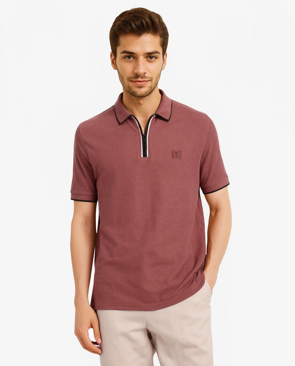 Rare Rabbit Men's Burrow Dusky Pink Cotton Fabric Short Sleeve Contrasting Collar and Placket Detailing Zip Closure Regular Fit Textured Polo T-Shirt
