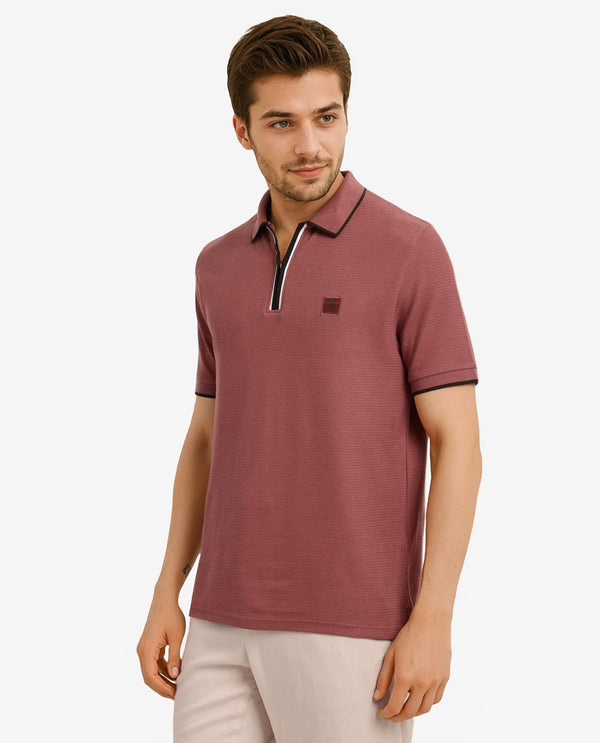 Rare Rabbit Men's Burrow Dusky Pink Cotton Fabric Short Sleeve Contrasting Collar and Placket Detailing Zip Closure Regular Fit Textured Polo T-Shirt