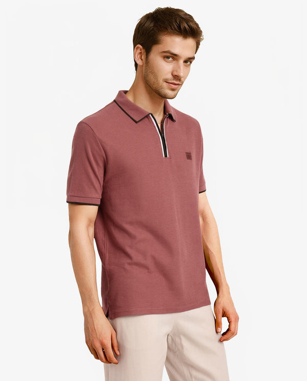 Rare Rabbit Men's Burrow Dusky Pink Cotton Fabric Short Sleeve Contrasting Collar and Placket Detailing Zip Closure Regular Fit Textured Polo T-Shirt