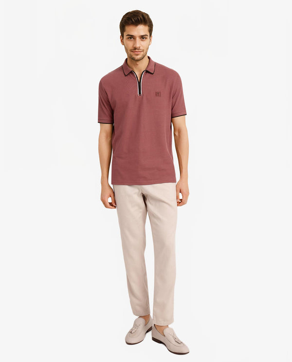 Rare Rabbit Men's Burrow Dusky Pink Cotton Fabric Short Sleeve Contrasting Collar and Placket Detailing Zip Closure Regular Fit Textured Polo T-Shirt
