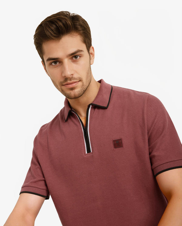 Rare Rabbit Men's Burrow Dusky Pink Cotton Fabric Short Sleeve Contrasting Collar and Placket Detailing Zip Closure Regular Fit Textured Polo T-Shirt