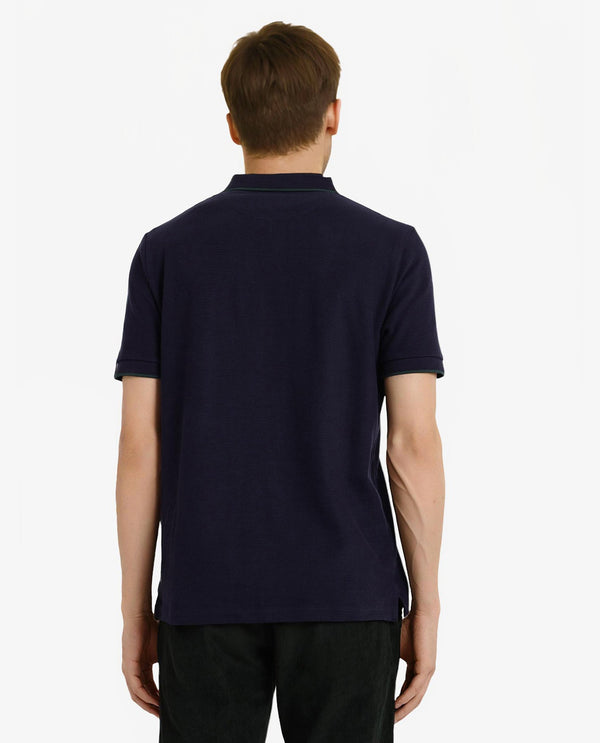 Rare Rabbit Men's Burrow Navy Cotton Fabric Short Sleeve Contrasting Collar and Placket Detailing Zip Closure Regular Fit Textured Polo T-Shirt