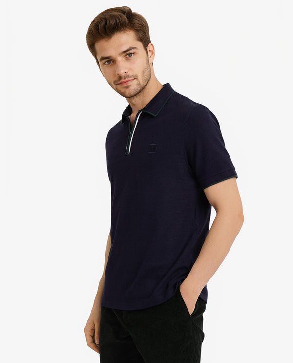 Rare Rabbit Men's Burrow Navy Cotton Fabric Short Sleeve Contrasting Collar and Placket Detailing Zip Closure Regular Fit Textured Polo T-Shirt