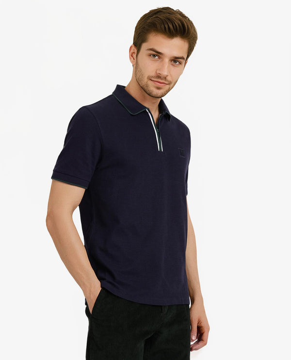 Rare Rabbit Men's Burrow Navy Cotton Fabric Short Sleeve Contrasting Collar and Placket Detailing Zip Closure Regular Fit Textured Polo T-Shirt
