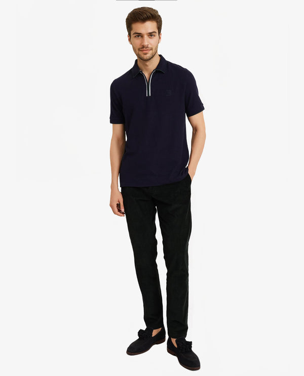 Rare Rabbit Men's Burrow Navy Cotton Fabric Short Sleeve Contrasting Collar and Placket Detailing Zip Closure Regular Fit Textured Polo T-Shirt