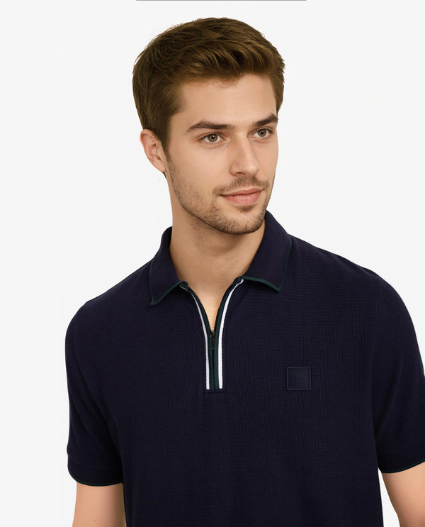 Rare Rabbit Men's Burrow Navy Cotton Fabric Short Sleeve Contrasting Collar and Placket Detailing Zip Closure Regular Fit Textured Polo T-Shirt
