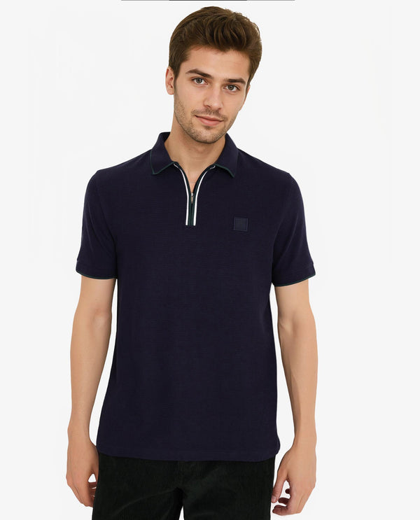 Rare Rabbit Men's Burrow Navy Cotton Fabric Short Sleeve Contrasting Collar and Placket Detailing Zip Closure Regular Fit Textured Polo T-Shirt