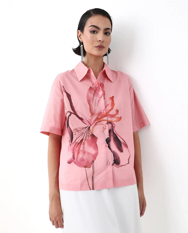 Rareism Women Businge Dusky Pink Poplin Fabric Short Sleeves Collared Neck Button Closure Boxy Fit Abstract Print Shirt