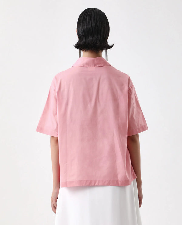 Rareism Women Businge Dusky Pink Poplin Fabric Short Sleeves Collared Neck Button Closure Boxy Fit Abstract Print Shirt