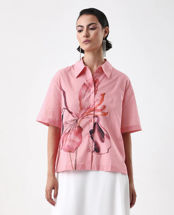 Rareism Women Businge Dusky Pink Poplin Fabric Short Sleeves Collared Neck Button Closure Boxy Fit Abstract Print Shirt