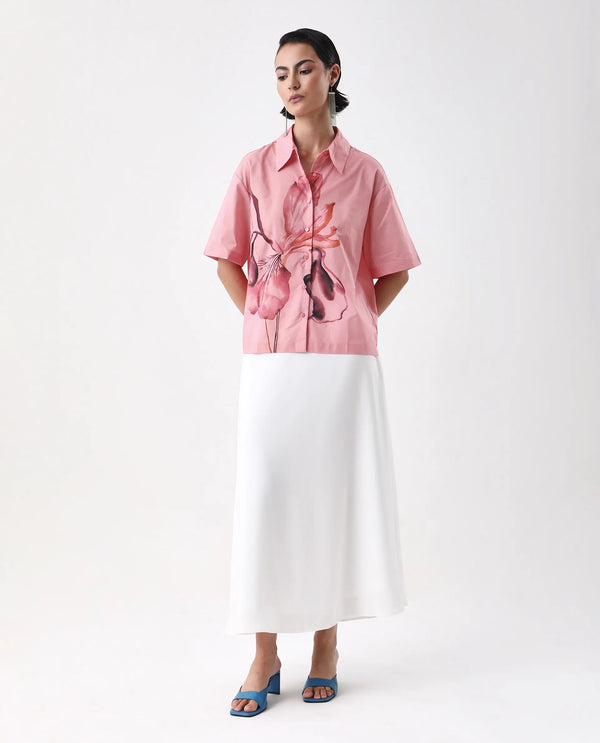 Rareism Women Businge Dusky Pink Poplin Fabric Short Sleeves Collared Neck Button Closure Boxy Fit Abstract Print Shirt