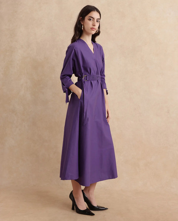 Rareism Women's Buyn Purple  V-Neck  Tie Up Sleeve Plain Flared Midi Dress
