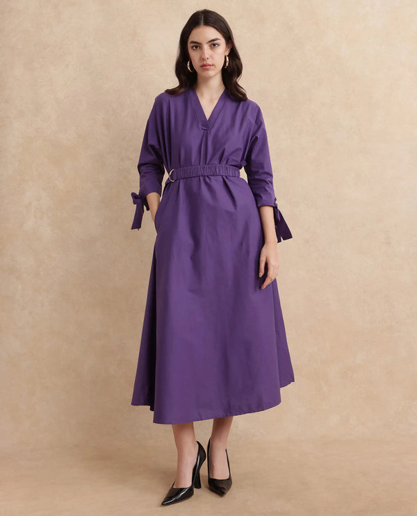 Rareism Women's Buyn Purple  V-Neck  Tie Up Sleeve Plain Flared Midi Dress