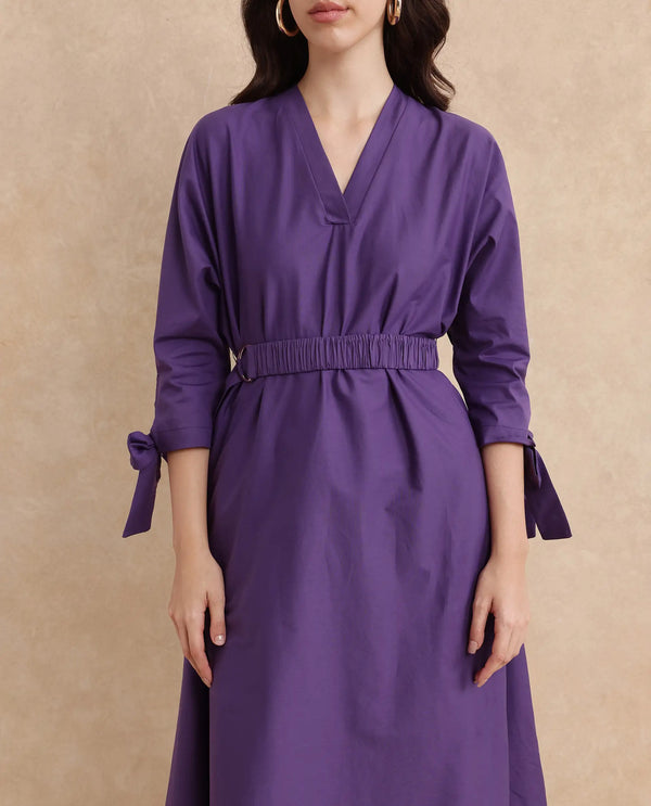 Rareism Women's Buyn Purple  V-Neck  Tie Up Sleeve Plain Flared Midi Dress