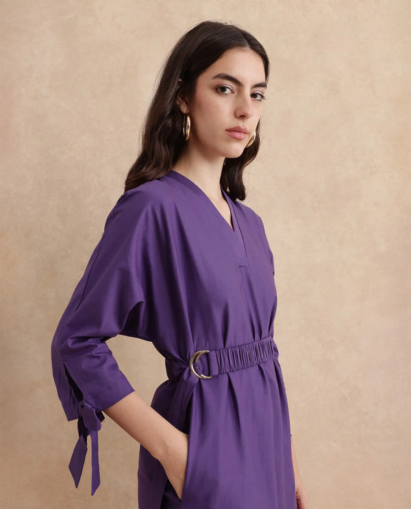 Rareism Women's Buyn Purple  V-Neck  Tie Up Sleeve Plain Flared Midi Dress