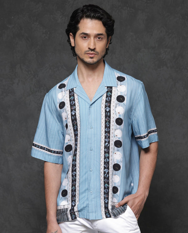 Rare Rabbit Mens Bortan Light Blue Boxy Fit Short Sleeve Placement Print Cuban Collar Shirt