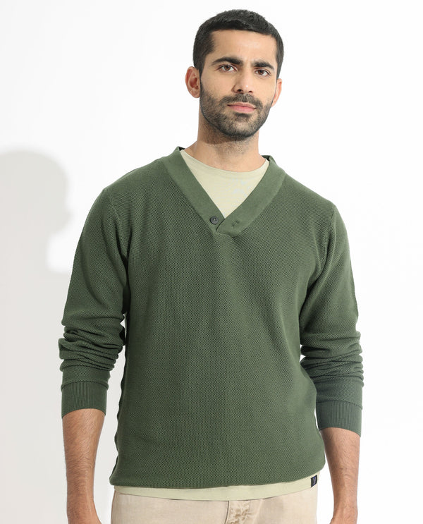 Rare Rabbit Mens Breeze Olive Sweater Full Sleeve V-Neck Solid