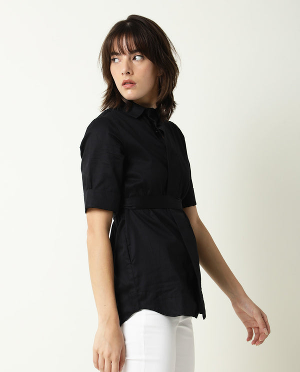 Rareism Womens Glitter Black Top Cotton Satin Fabric Regular Fit 3/4 Sleeve Collared Neck