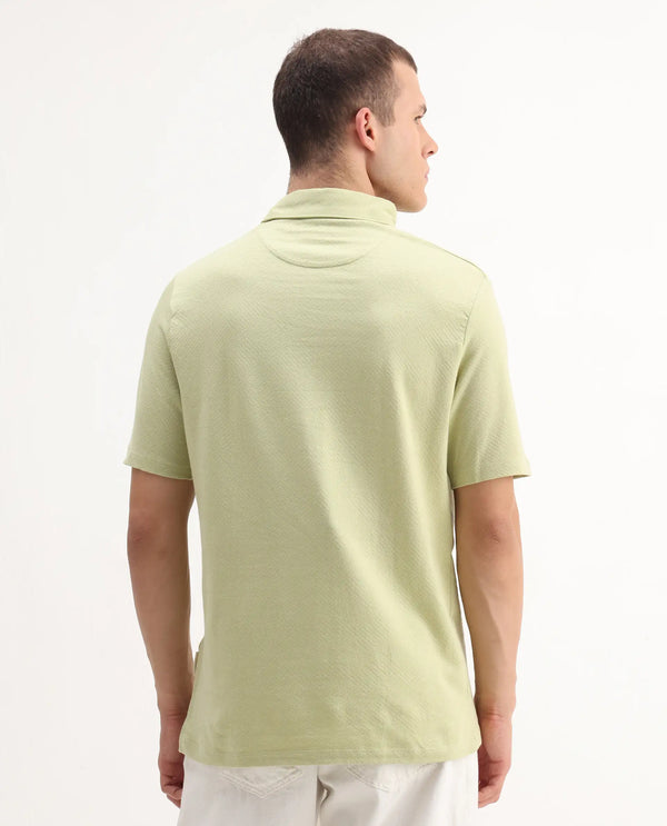 Rare Rabbit Men Caben Light Green Cotton Fabric Zipper Closure Half Sleeve Tonal Jacquard Polo T-Shirt